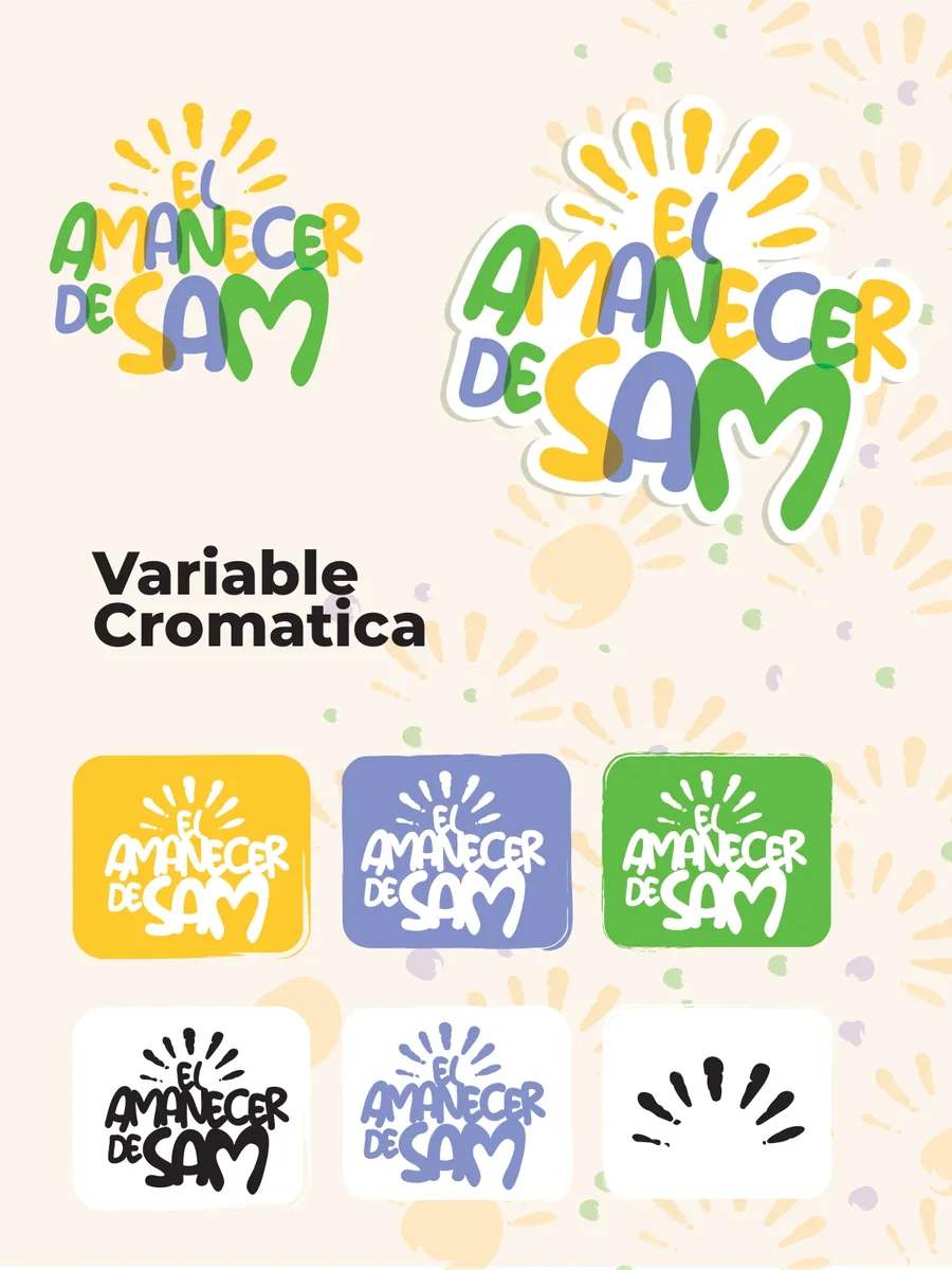 Página del manual de marca de El Amanecer de Sam: logo y variantes cromáticas