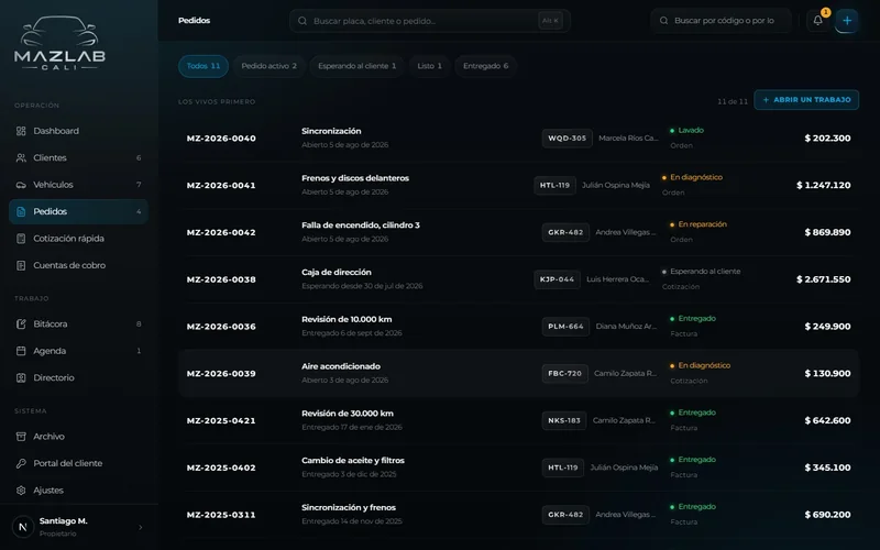 Pedidos con estado, placa, cliente y valor — MAZLAB OS