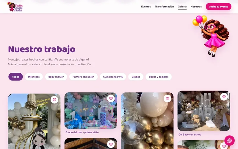 Galería de montajes reales, filtrable por tipo de evento — Pasión Dejando Huellas