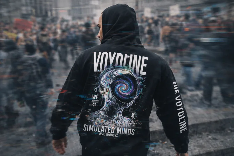 Hoodie en calle — mockup de aplicación — THE VOYDLINE
