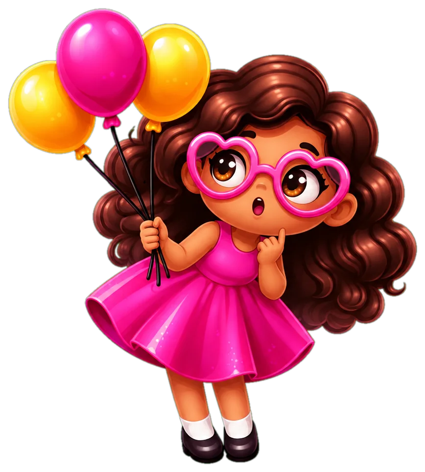 La muñeca de Pasión Dejando Huellas, pensativa, con sus globos